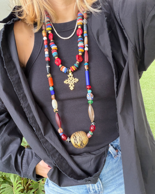 COPTIC CROSS & AFRICAN SEA GLASS NECKLACE